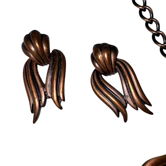 Statement Necklace & Pierced Earrings Set Copper Tone on Metal Costume Jewelry - Picture 3 of 7